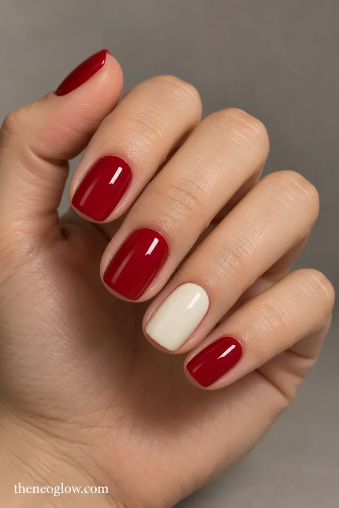 Glossy cherry-red nails with one warm-cream ring-finger accent.