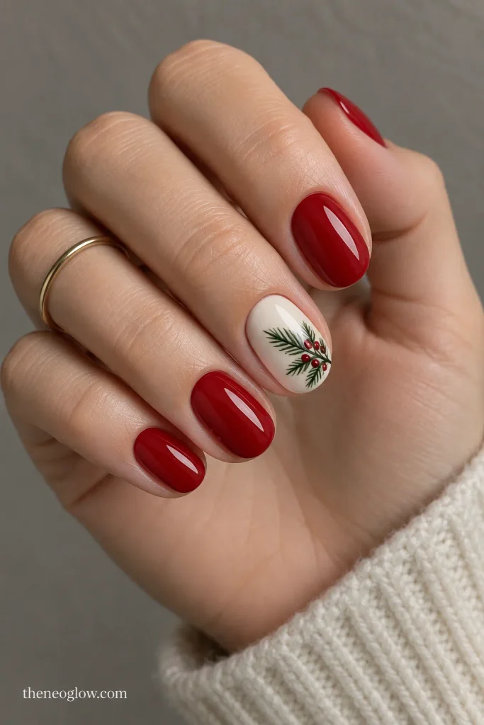 Glossy cherry-red nails with ivory accent nails painted with fine evergreen branches and berry dots.