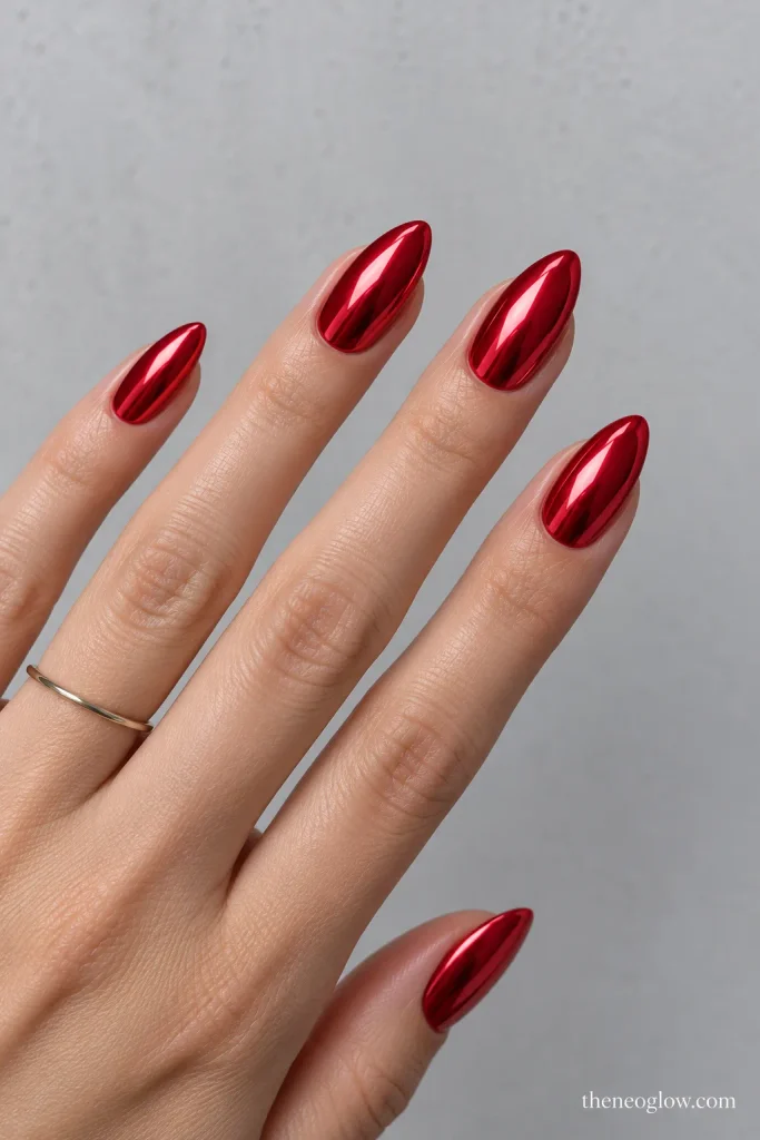 Medium almond cherry-red nails with a smooth high-reflection chrome finish.