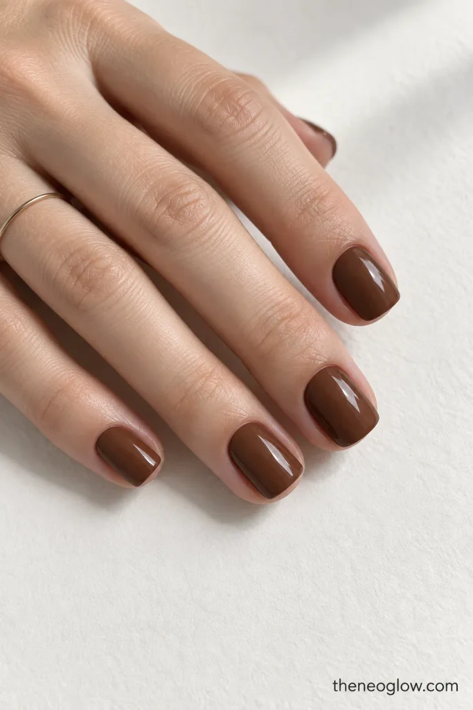 Short soft-square nails finished in smooth medium chestnut brown cream. october nails . 