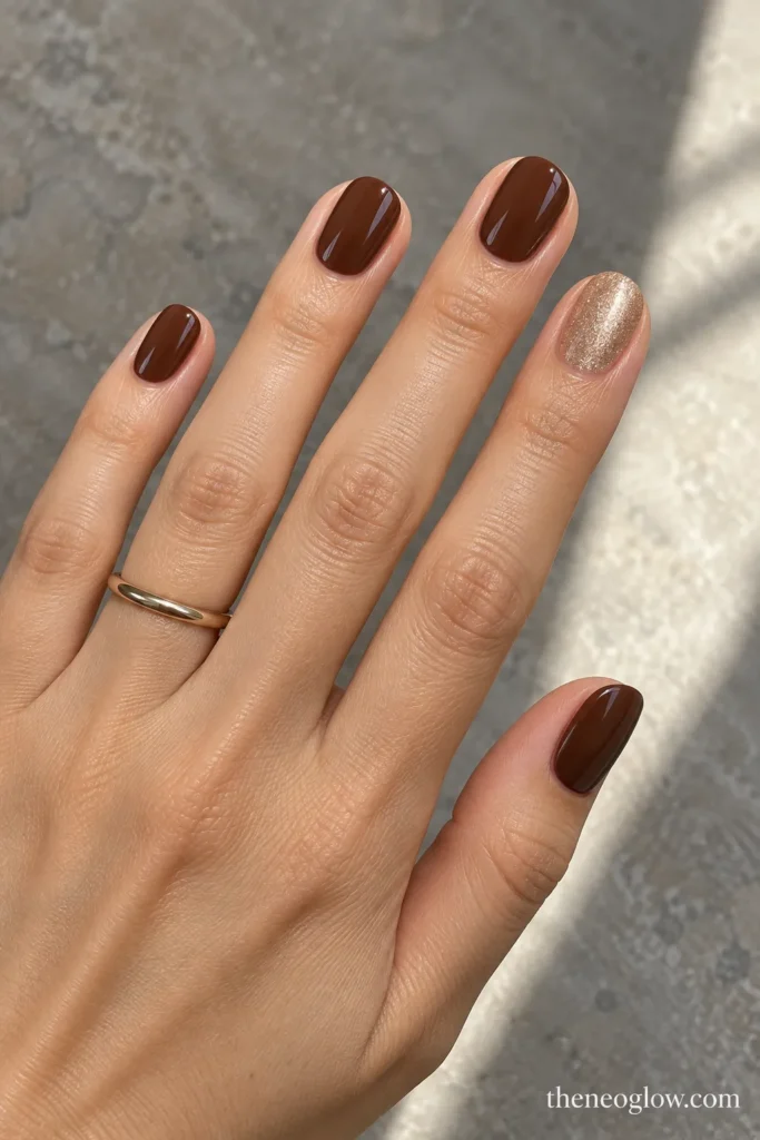Glossy chocolate-brown nails with one fine champagne-shimmer accent nail.