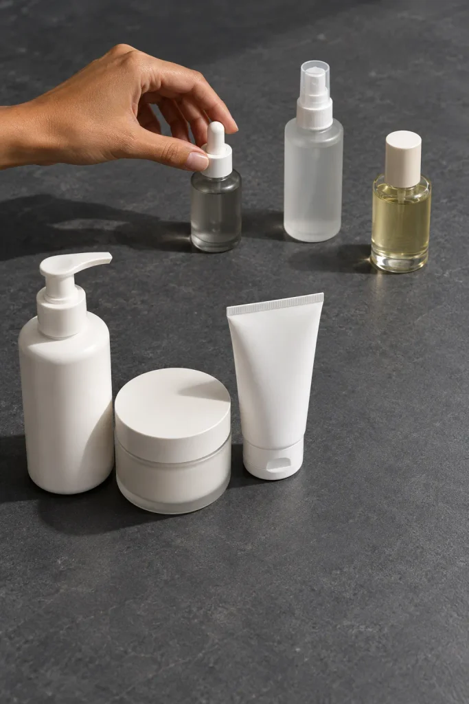 Hand choosing one optional serum while a cleanser, moisturizer, and sunscreen remain as the simple routine foundation.