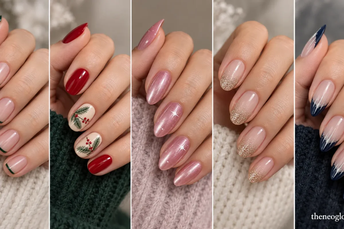 Editorial collage of pine French, red evergreen, rose chrome, champagne glitter, and navy icicle Christmas manicures.