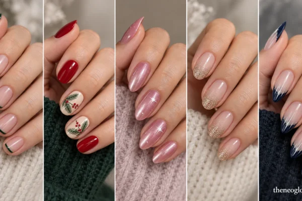 Editorial collage of pine French, red evergreen, rose chrome, champagne glitter, and navy icicle Christmas manicures.