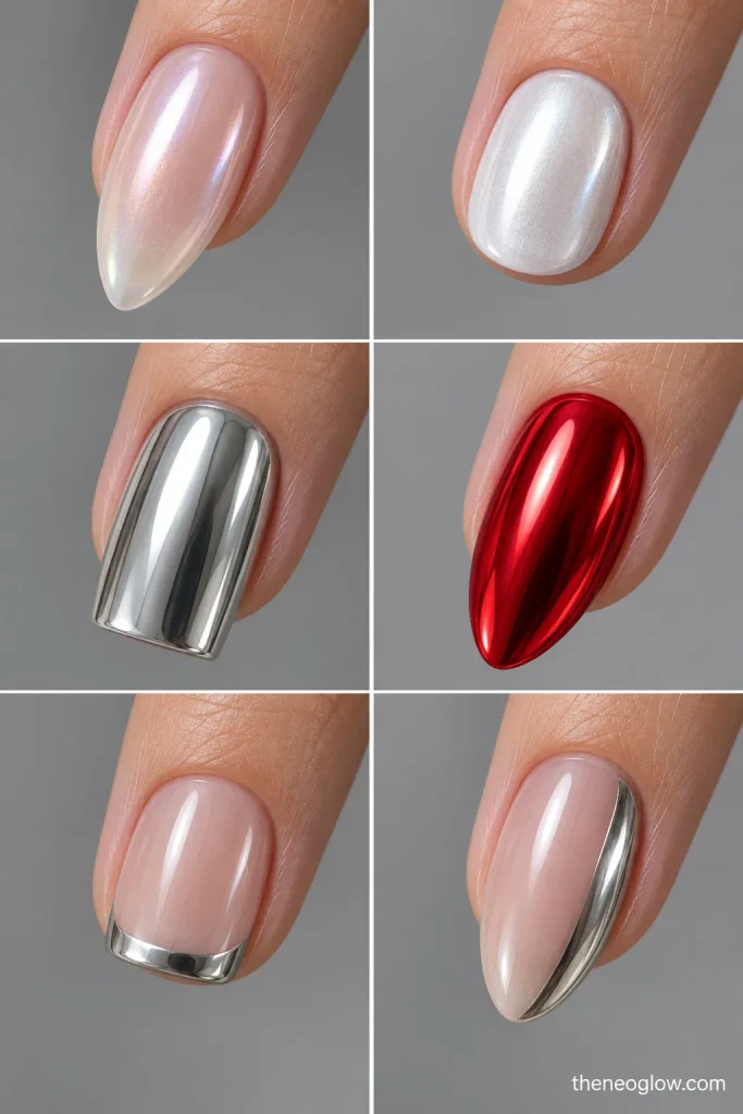 Text-free comparison of pearl, white, mirror, colored, French, and partial chrome nail finishes. chrome nails.