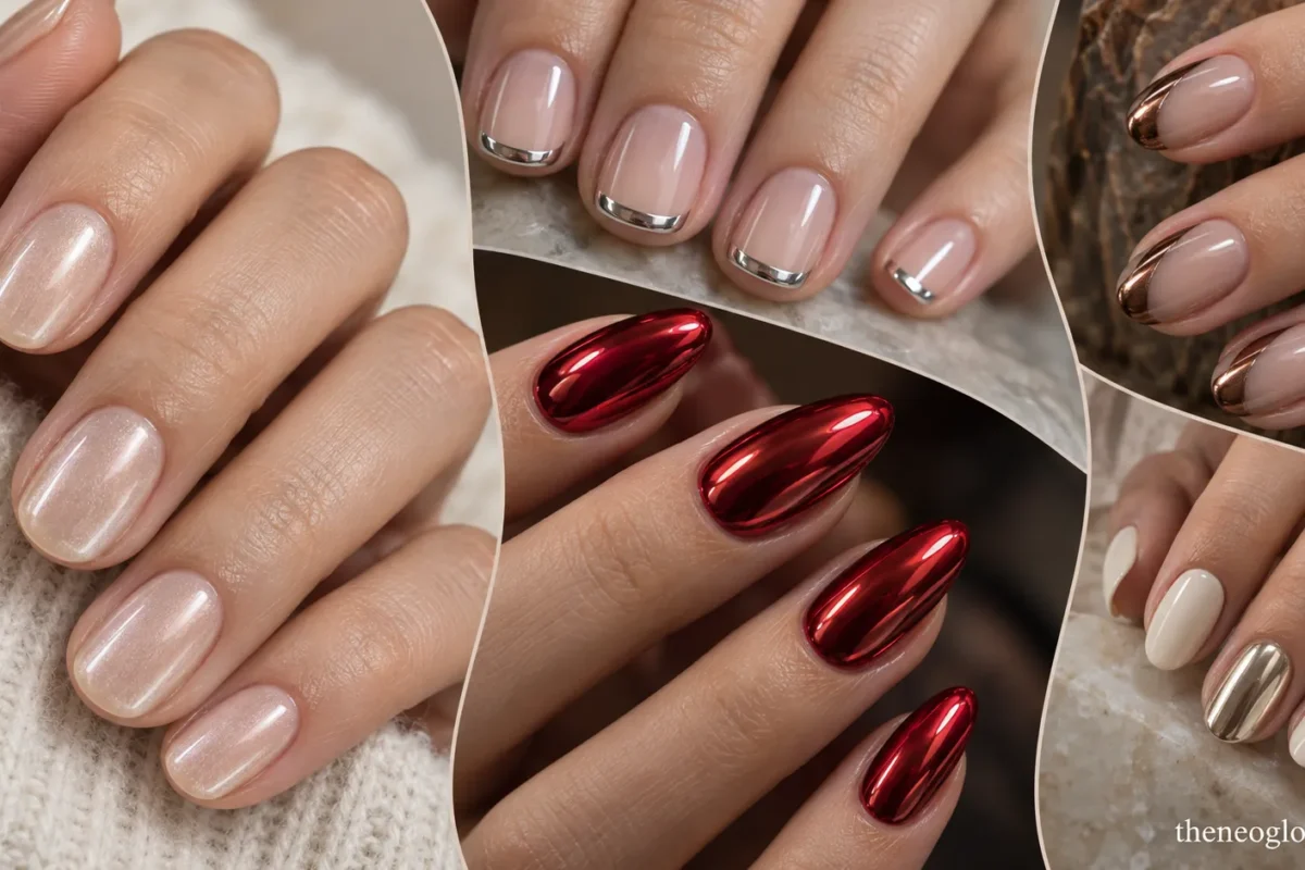 Editorial collage of pearl, red mirror, silver French, bronze side-French, and cream accent chrome nails.