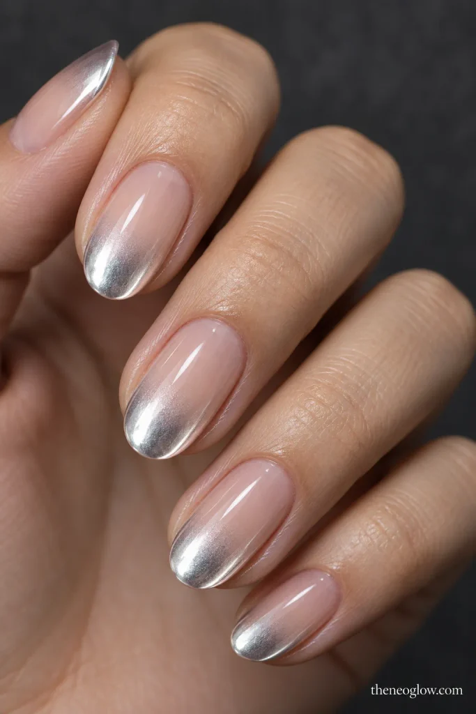 Sheer neutral nails with reflective chrome concentrated at the tips and softly faded inward.