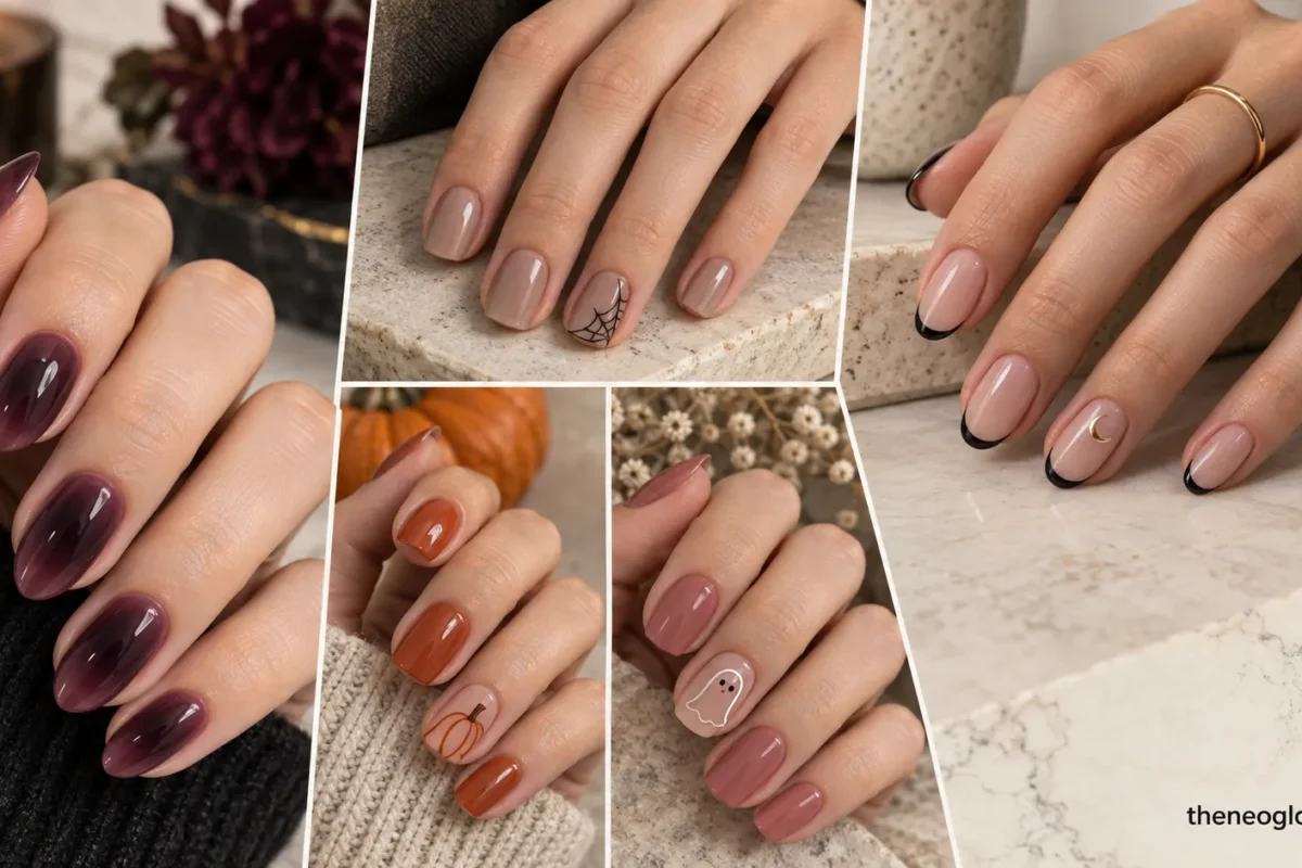 Editorial collage of taupe web, smoky plum, burnt-apricot pumpkin, dusty-rose ghost, and black micro-French manicures.