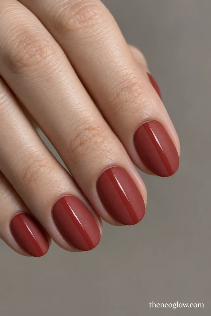 Clay-red oval nails with a matte finish and narrow glossy center stripes.