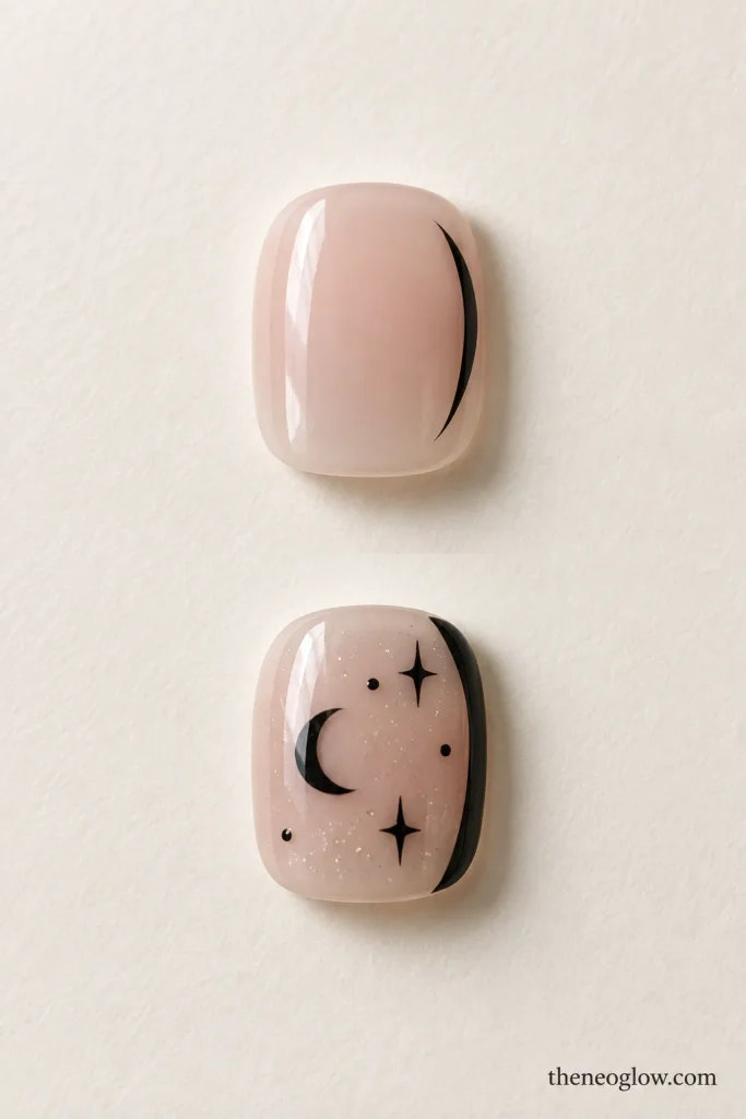 Two short nude practice nails compare one small black accent with a visibly crowded multi-detail design.