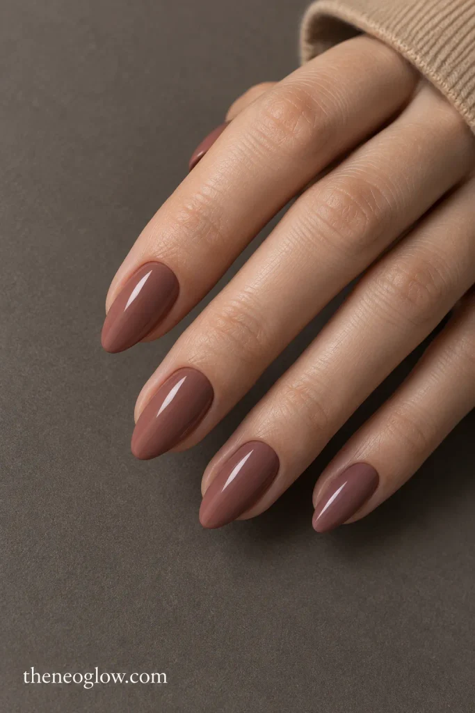 Medium almond nails in an opaque warm clove-rose cream.