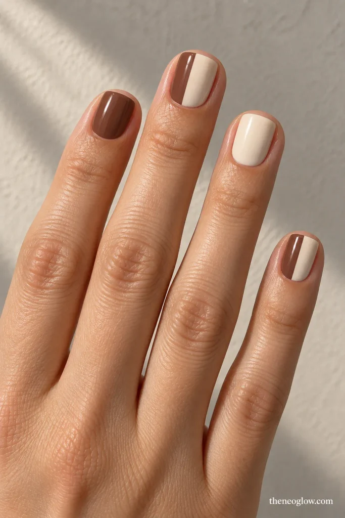 Short cocoa and cream nails with clean off-center vertical split accents.