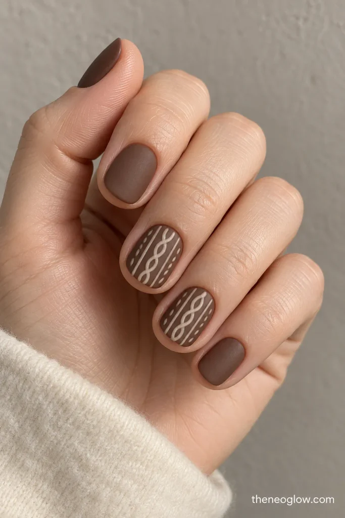 Short rounded matte cocoa nails with fine cream cable-knit accent lines.