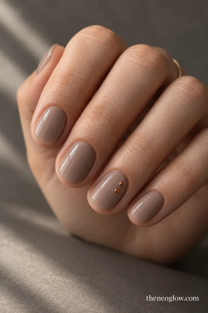 Short taupe round nails with two tiny copper pinpoints placed to one side of an accent nail.