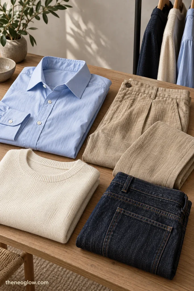 Editorial garment detail showing cotton poplin, linen blend, fine merino knit, and dark denim with realistic texture and drape.