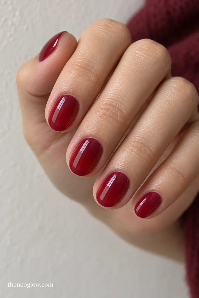 Short oval nails coated in glossy translucent cranberry jelly polish.