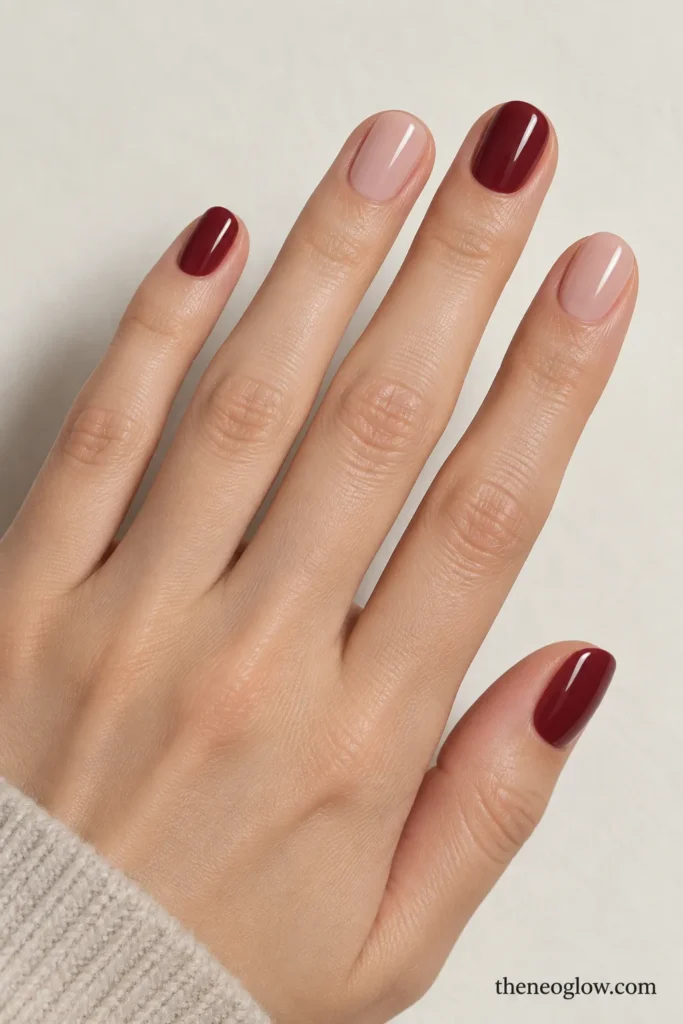 Alternating deep cranberry and sheer pink-beige nails in a simple glossy manicure.
