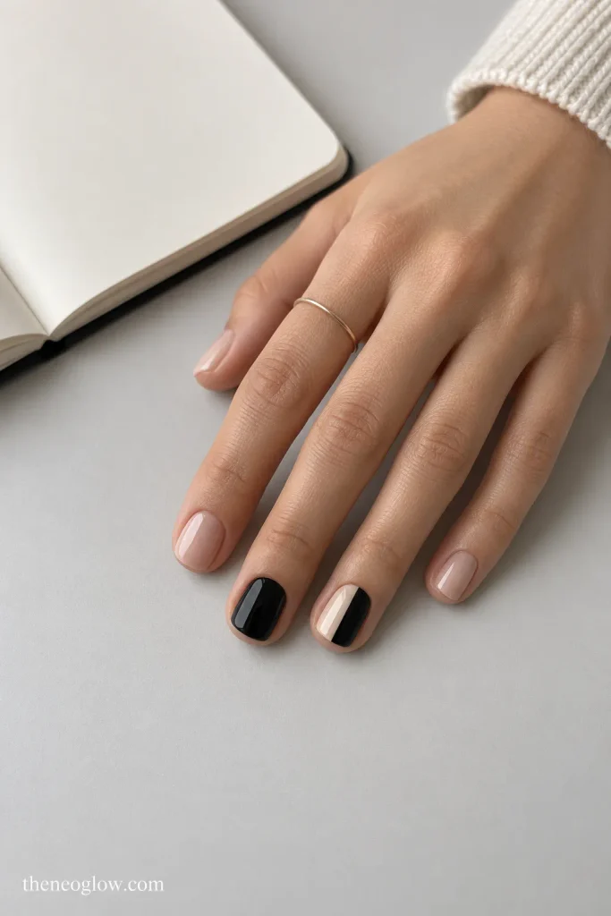 Short squoval manicure with one accent nail vertically divided into glossy cream and black.