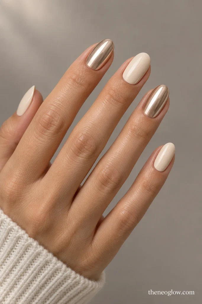 Cream nails paired with two champagne chrome accent nails in a coordinated manicure.
