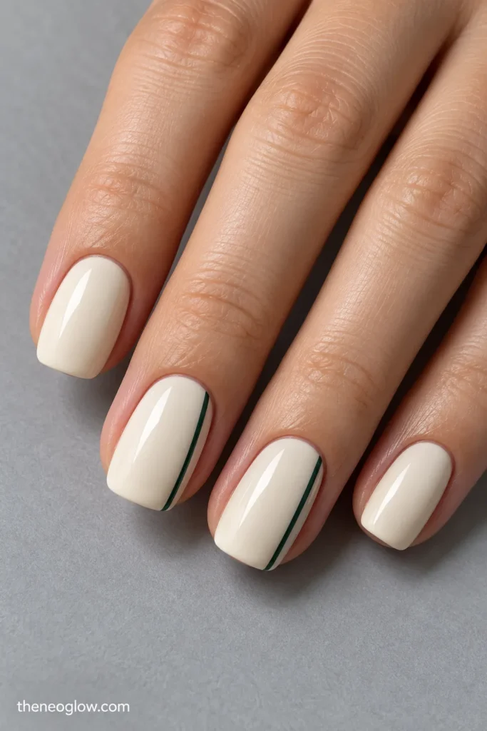 Opaque cream nails with a slim forest-green line running along one side of selected nails.