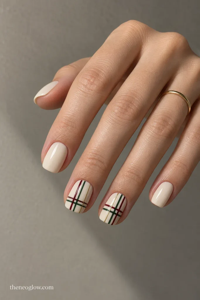 Cream square nails with two restrained burgundy, forest-green, and gold tartan accents.