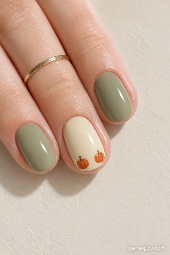 Cream and sage short oval nails with two tiny terracotta pumpkins on the cream accent nails.