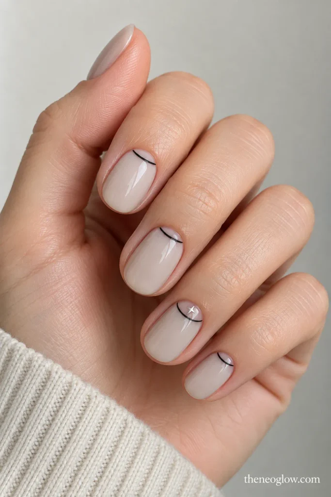 Milky beige short nails with slim black crescent cuffs along the cuticle and a tiny silver star accent.