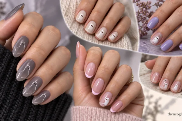 Editorial collage of smoky gray, beige, lavender, pink French, and sheer ghost manicures.