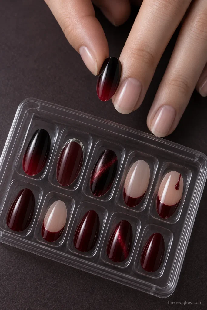 Dark-romantic press-on nails in a clear tray with one tip being dry-fitted over a natural nail.