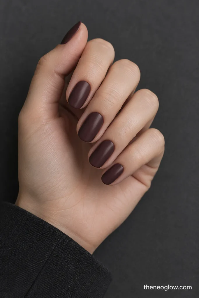 Oval nails in a muted deep fig shade with a soft satin finish.