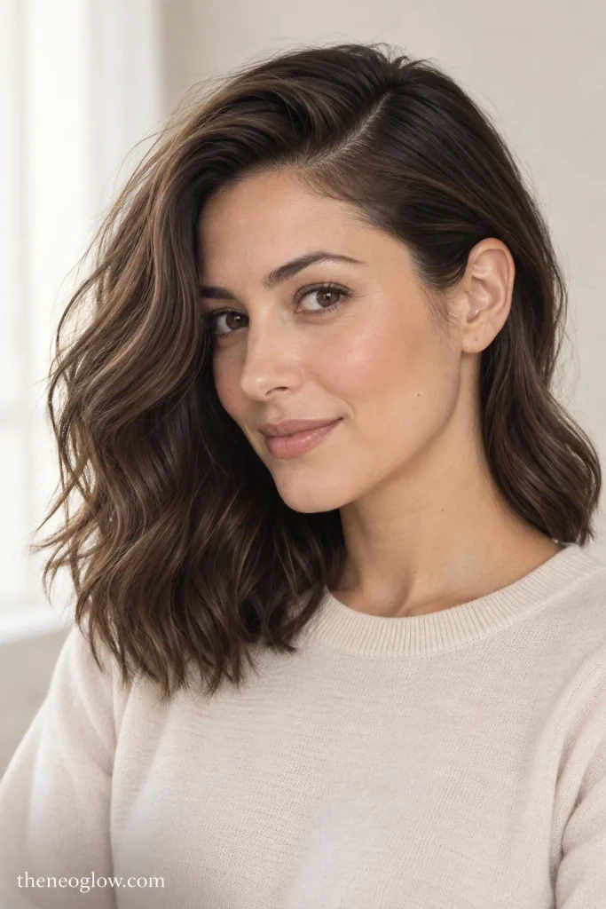 Medium-length softly wavy hair with a deep side part and one side tucked behind the ear . hairstyles.