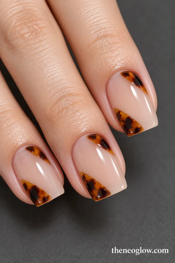 Medium soft-square nails with two separated tortoiseshell corner windows and sheer centers.
