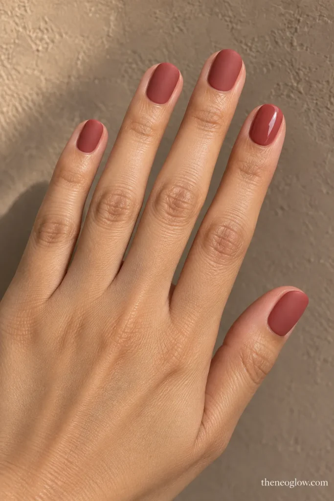 Dusty-red nails with a matte finish and one matching glossy accent nail.