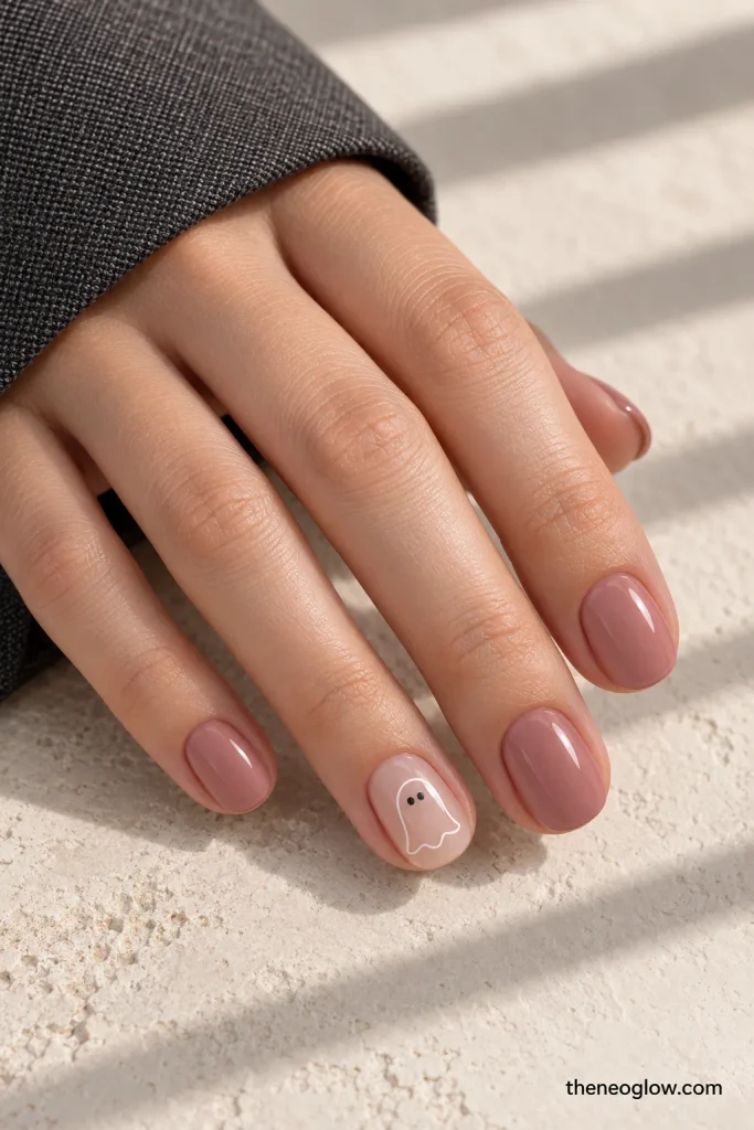 Dusty-rose nails with one sheer accent carrying a narrow white ghost outline and two tiny dark eyes.