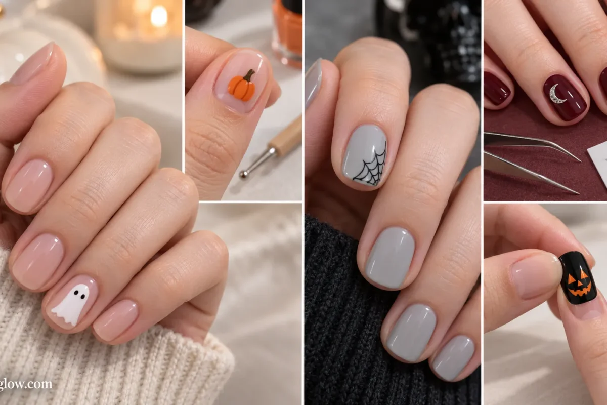 Editorial collage showing a white ghost accent, tiny pumpkin, corner spiderweb, moon-and-star sticker nails, and a Halloween press-on application.
