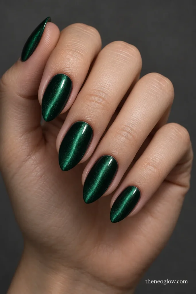 Medium almond nails with deep emerald magnetic polish and narrow velvet cat-eye highlights.