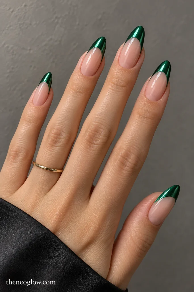 Long almond nails with sheer neutral bases and opaque emerald mirror French tips.