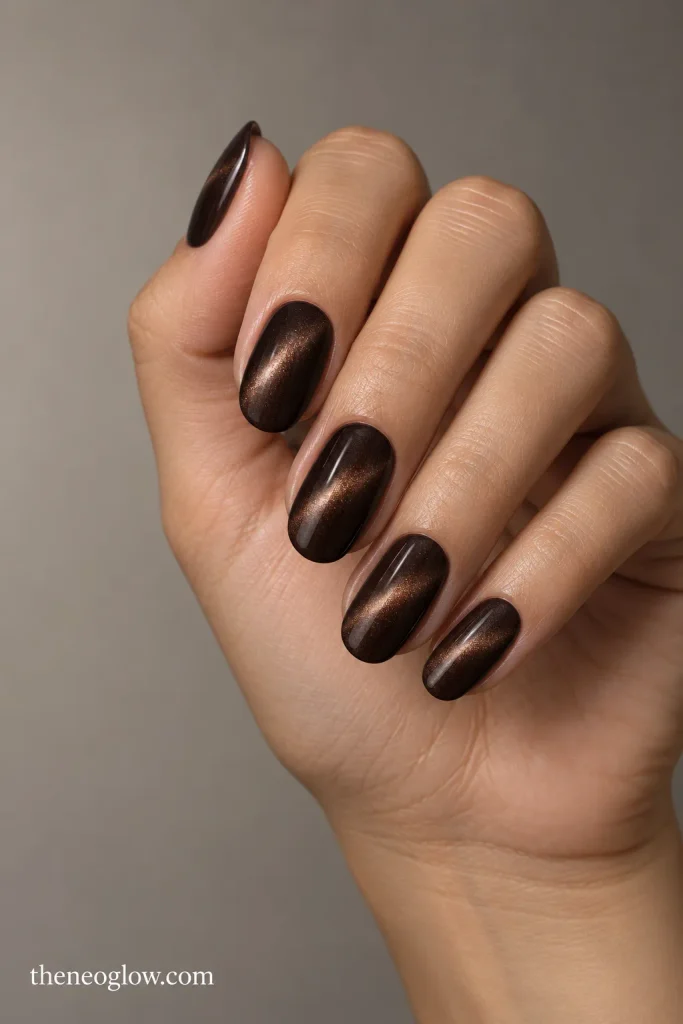 Deep espresso brown magnetic nails with a narrow cat-eye beam.