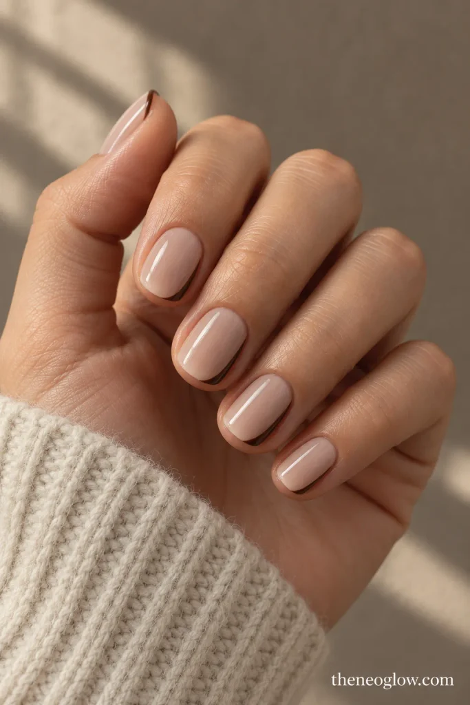 Short squoval nails with a sheer neutral base and ultra-thin espresso side French edges. short fall nails .
