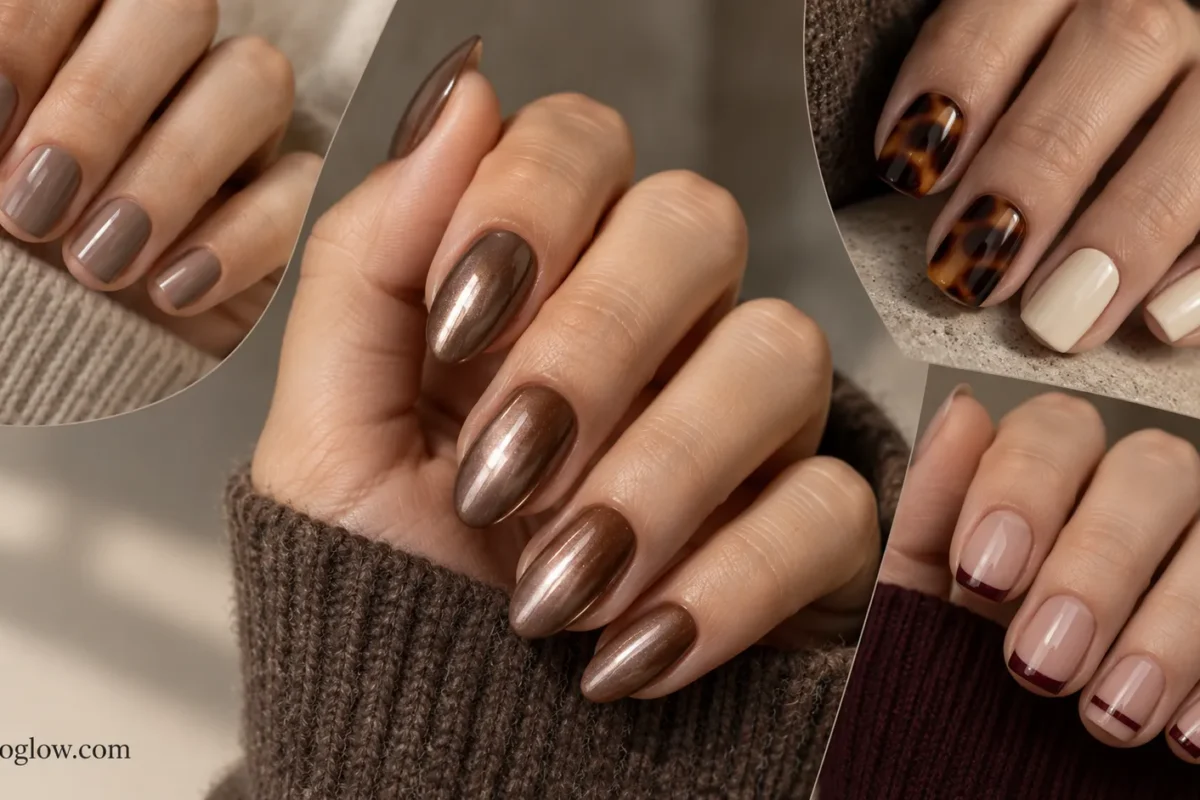Editorial collage of taupe satin, tortoiseshell, bronze chrome, and wine French fall manicures.