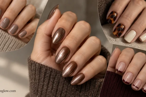 Editorial collage of taupe satin, tortoiseshell, bronze chrome, and wine French fall manicures.