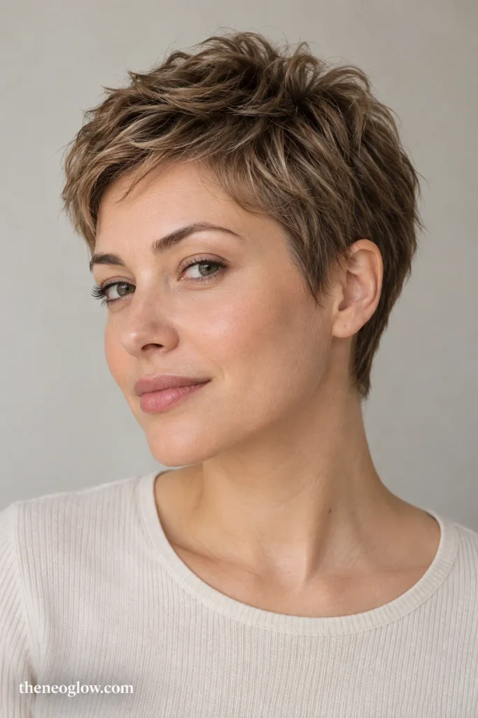 Short textured crop with a softly lifted crown and deliberately shaped front section