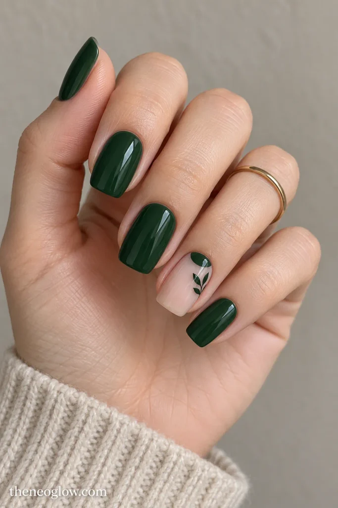 Forest-green squoval nails with a neutral accent nail featuring a half-moon and tiny botanical detail.