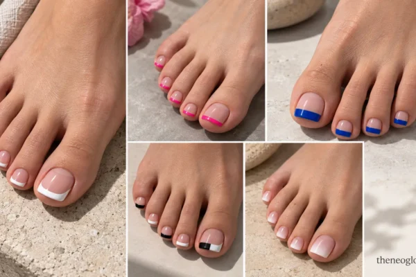 Editorial collage of classic white, hot pink, cobalt, black-and-white, and soft ombré French pedicures