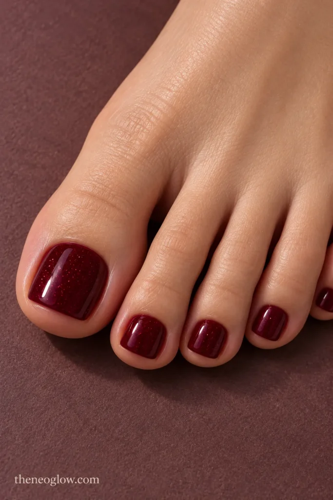 Deep garnet-burgundy toenails with very fine scattered micro shimmer.