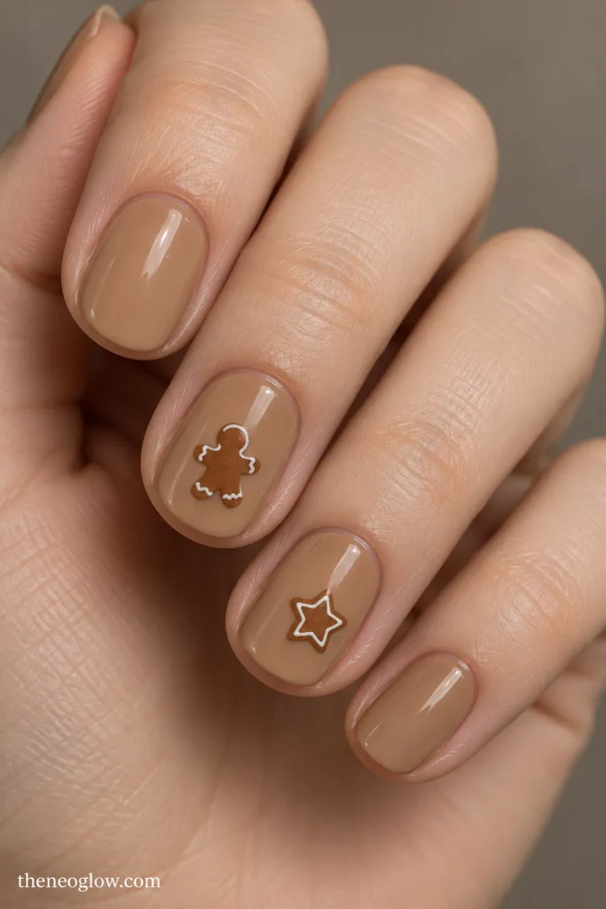 Gingerbread-beige short oval nails with tiny brown cookie silhouette accents and minimal white icing lines.