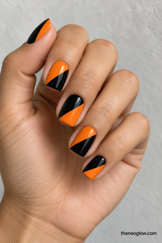 Glossy square nails divided diagonally into alternating black and orange sections.