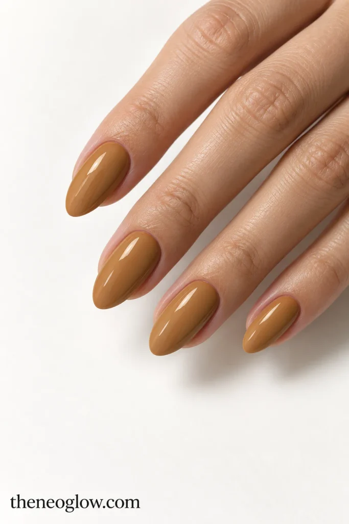 Medium almond nails in glossy golden caramel brown.