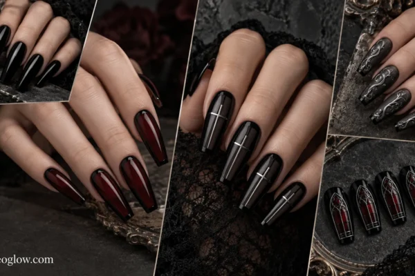 Editorial collage of long coffin nails in black, crimson, smoky cross, antique-silver scrollwork, and gothic-window designs.