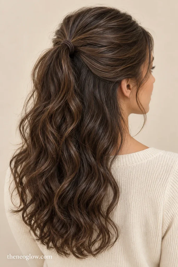 Half-up ponytail with a narrow crown section and softly textured hair left down